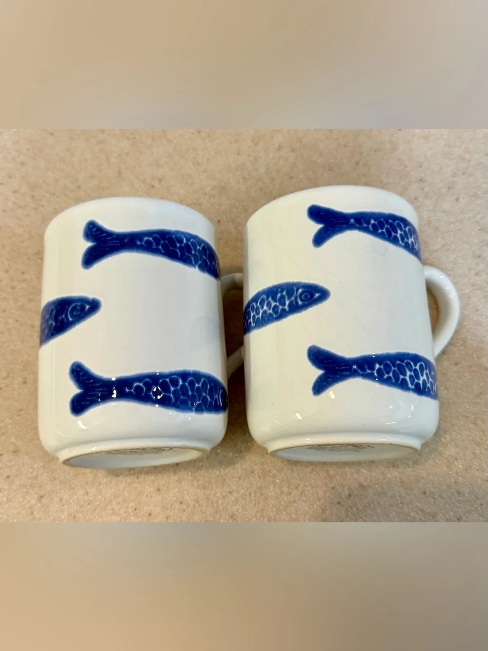 Blue Fish Ceramic Coffee Mugs Tea Cups White & Blue CMG Portugal Tall - Set of 2